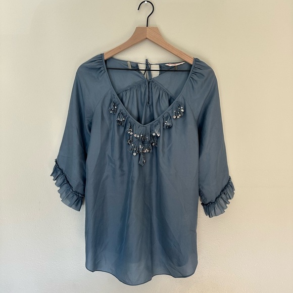 REBECCA TAYLOR Blue Gray Cuffed Sleeve Ruffled Sequence Blouse - Picture 1 of 5